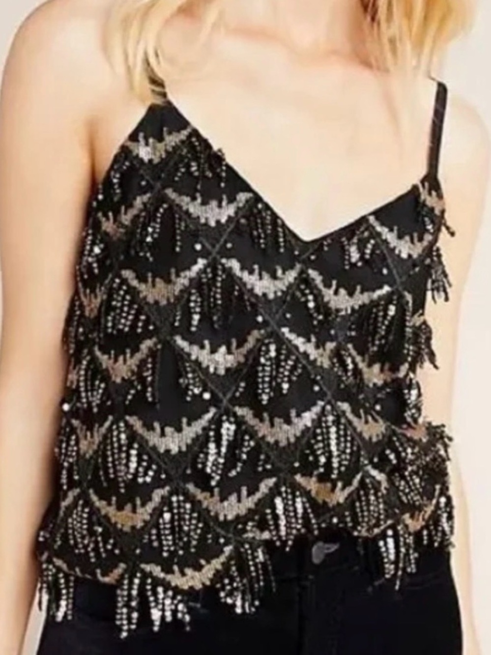 Porridge Clothing Anthropologie Sequin Fringe Black Gold Cami Tank Top Size S